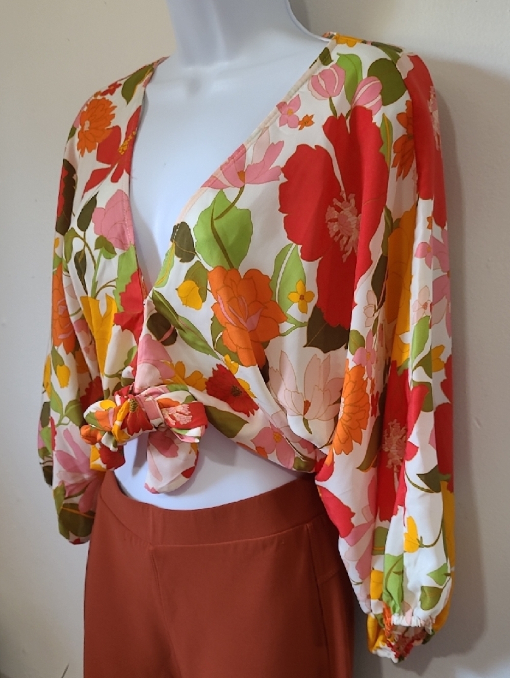 Lush Multi Floral Tie-Front V-Neck Crop Top